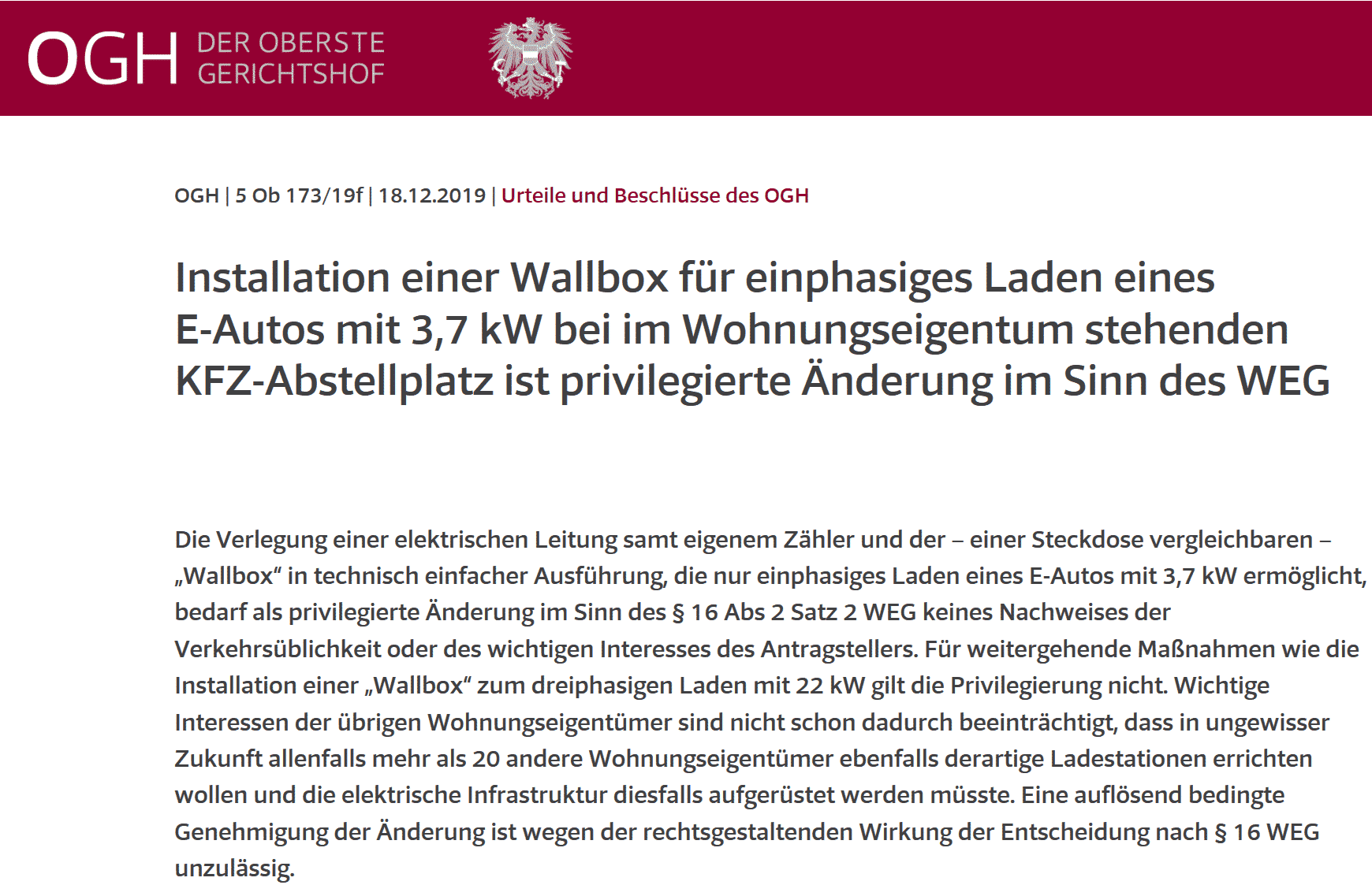 OGH Urteil - Für die Installation eines einphasigen 3,7 kW Ladepunkts in Mehrparteienwohnhäusern braucht man keine Zustimmung | hinacdlmpbepooln