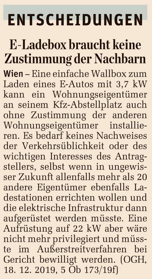 OGH Urteil - Für die Installation eines einphasigen 3,7 kW Ladepunkts in Mehrparteienwohnhäusern braucht man keine Zustimmung | unnamed1